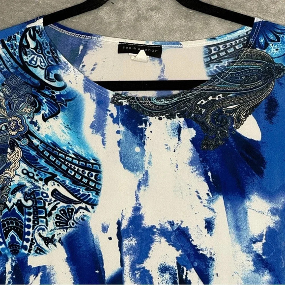 Sea & Anchor M Medium Shirt Top Blue White Paisley 3/4 Sleeve Scoop Neck Stretch - Picture 3 of 6